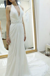 A-line Halter Chiffon Backless Court Train Beach Wedding Dress