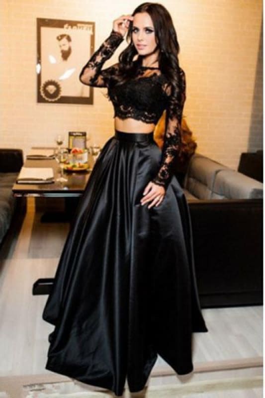 A-line Black Two Piece Long Sleeve Floor Length Satin Evening Dress
