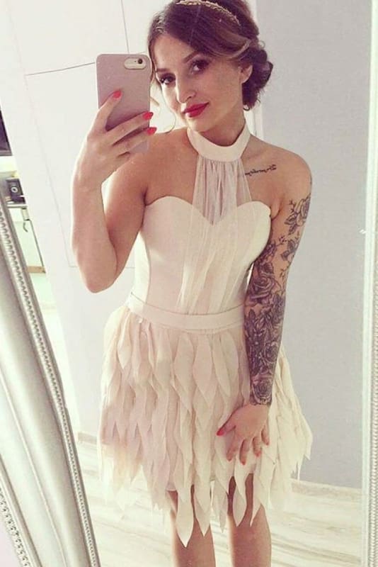 A-Line Halter Backless Short with Ruffles Sexy Mini Homecoming Dress