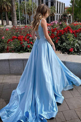 A Line Open Back Blue Satin Long Prom, Long Blue Formal Evening