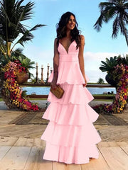 A Line V Neck Backless Navy Blue/Pink Long Prom, Backless Navy Blue/Pink Formal, Evening