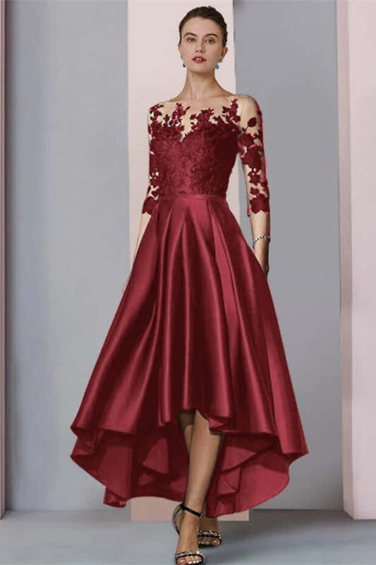 3/4 Sleeves Satin Hi-Lo Mother of-Bride Dress with Appliques